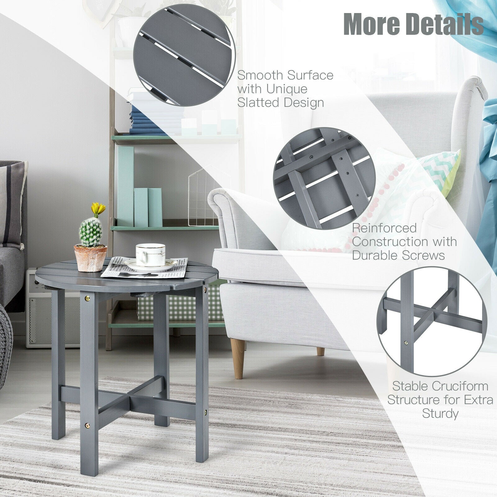 18 Inch Patio Round Side Wooden Slat End Coffee Table for Garden, Gray Patio Coffee Tables at Gallery Canada