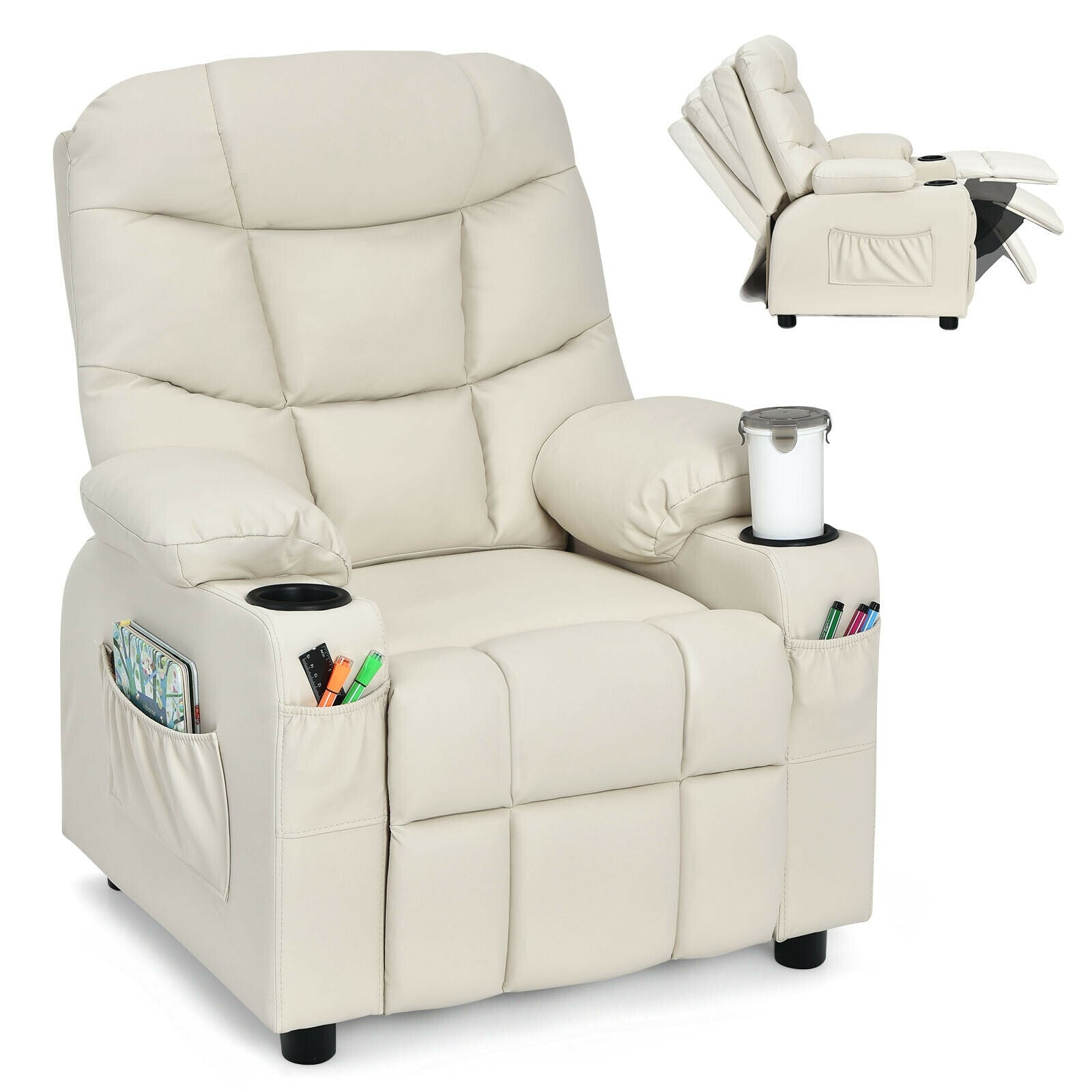Kids Recliner Chair With Cup Holder, Footrest, Beige Kids Chairs & Seating Beige at Gallery Canada