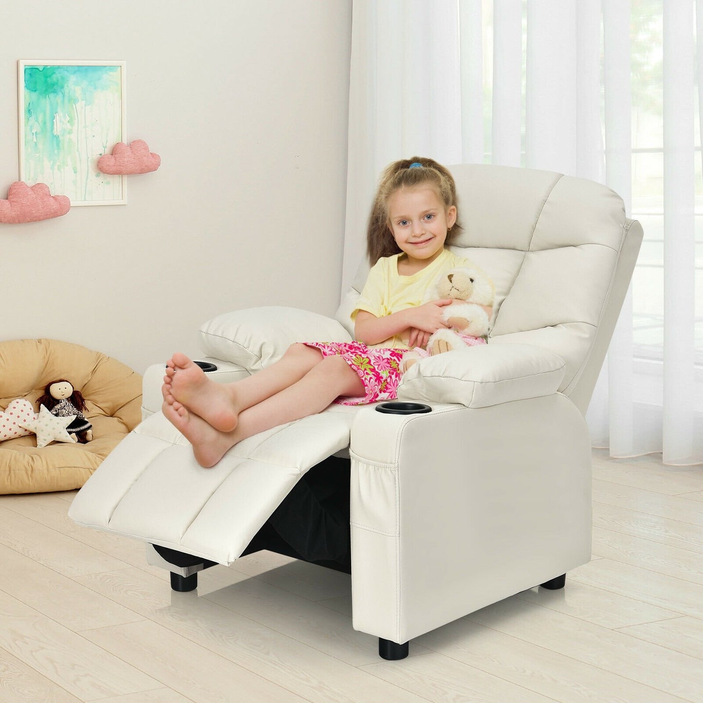Kids Recliner Chair with Cup Holder and Footrest for Children, Beige - Gallery Canada