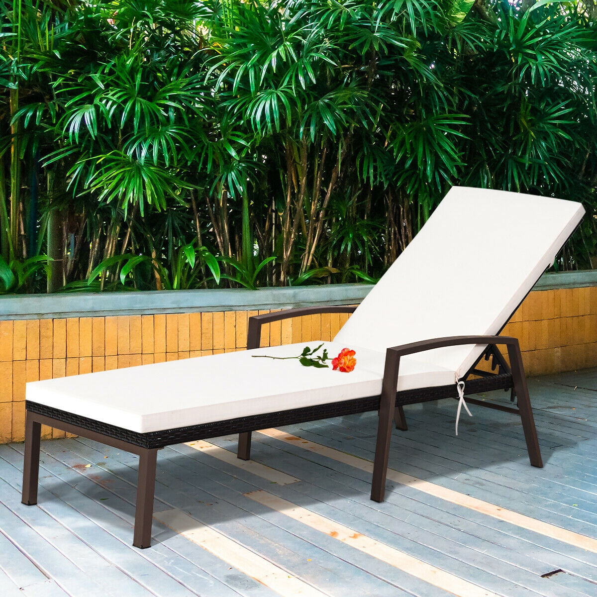 Patio PE Rattan Lounge Chaise Recliner with Back Adjustable Cushioned, White Outdoor Chaise Lounges at Gallery Canada