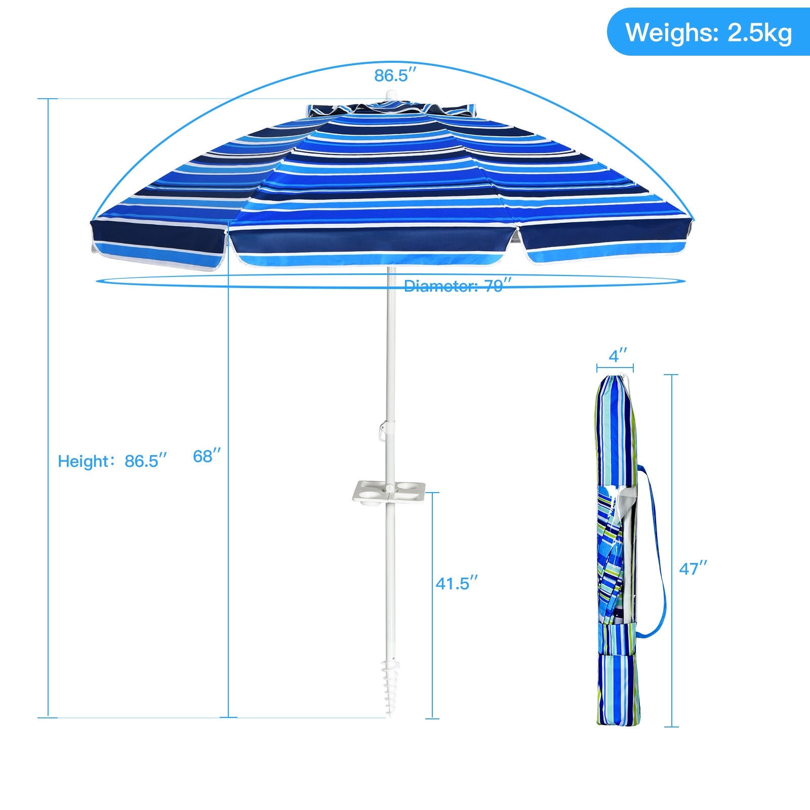 7.2 Feet Portable Outdoor Beach Umbrella with Sand Anchor and Tilt Mechanism for Poolside and Garden, Navy Outdoor Umbrellas at Gallery Canada