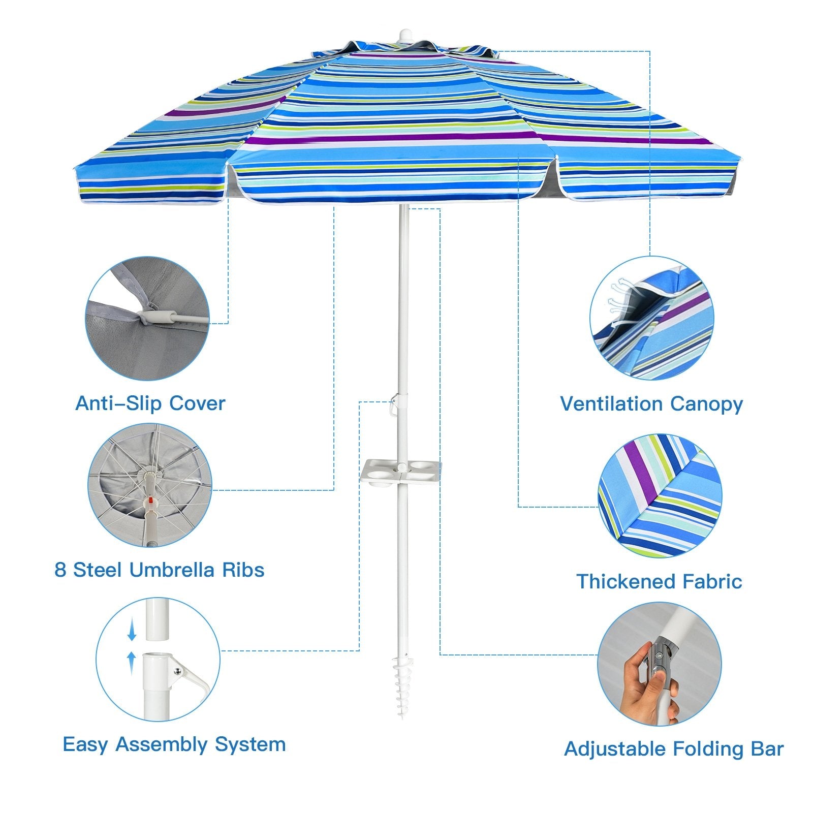 7.2 Feet Portable Outdoor Beach Umbrella with Sand Anchor and Tilt Mechanism, Blue at Gallery Canada