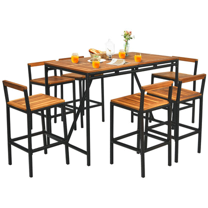 7 Pieces Acacia Wood Patio Rattan Bar Set with Umbrella Hole, Brown Patio Dining Sets at Gallery Canada