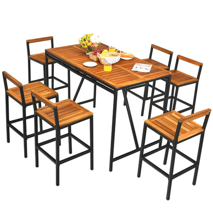 7 Pieces Acacia Wood Patio Rattan Bar Set with Umbrella Hole, Brown Patio Dining Sets at Gallery Canada