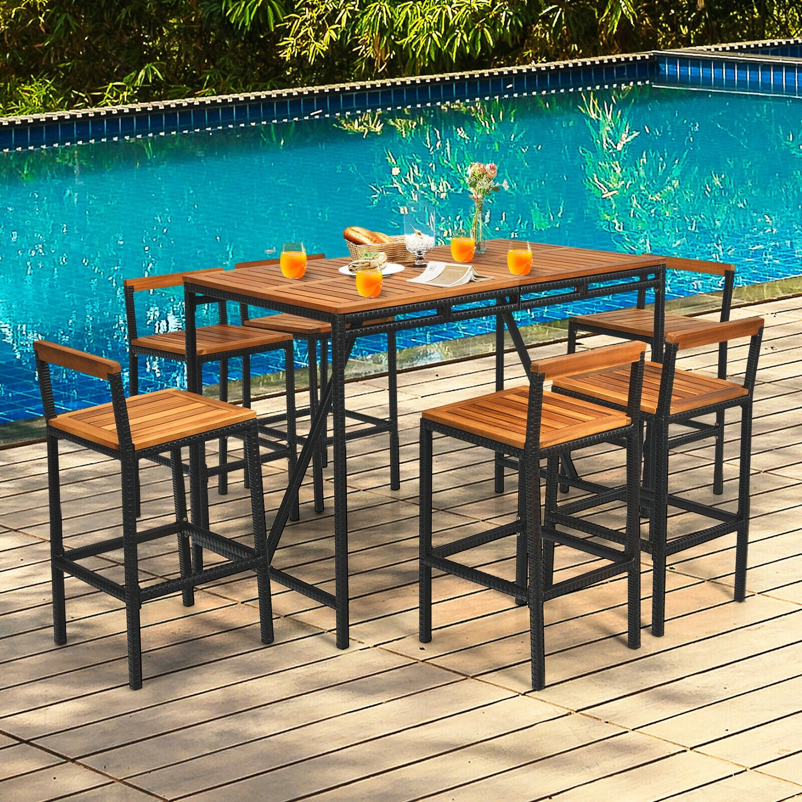 7 Pieces Acacia Wood Patio Rattan Bar Set with Umbrella Hole, Brown Patio Dining Sets at Gallery Canada