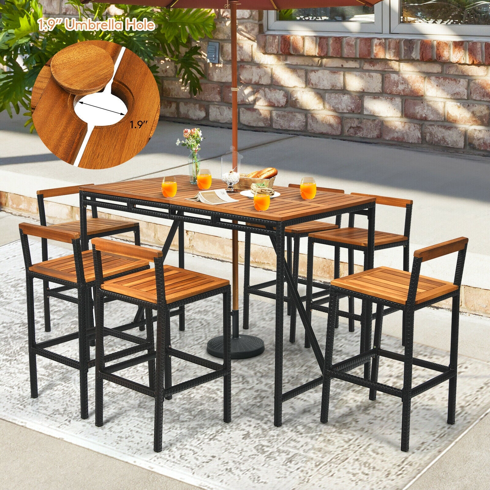 7 Pieces Acacia Wood Patio Rattan Bar Set with Umbrella Hole, Brown Patio Dining Sets at Gallery Canada