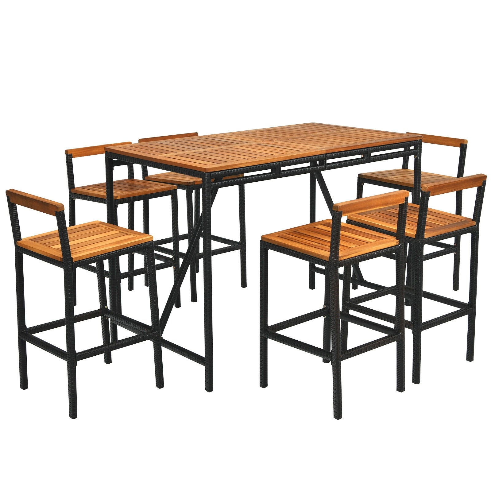 7 Piece Acacia Wood Patio Rattan Bar Set, Brown Patio Dining Sets at Gallery Canada
