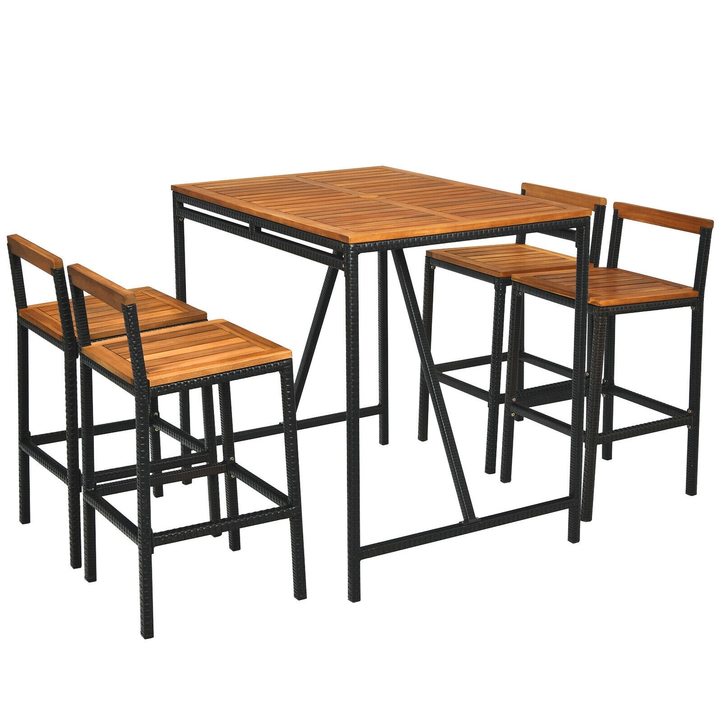5 Piece Acacia Wood PE Rattan Bar Set, Brown