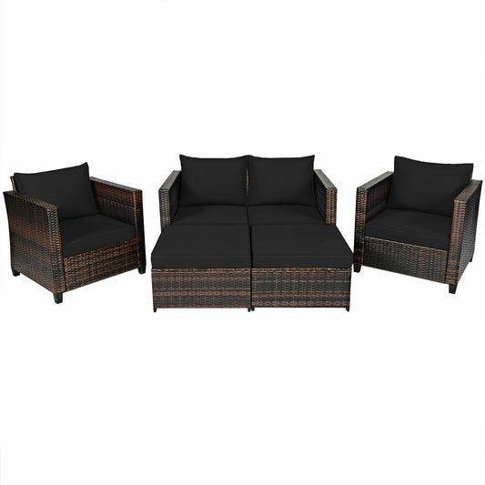5 Pieces Patio Cushioned Rattan Furniture Set, Black Outdoor Sectionals Black at Gallery Canada