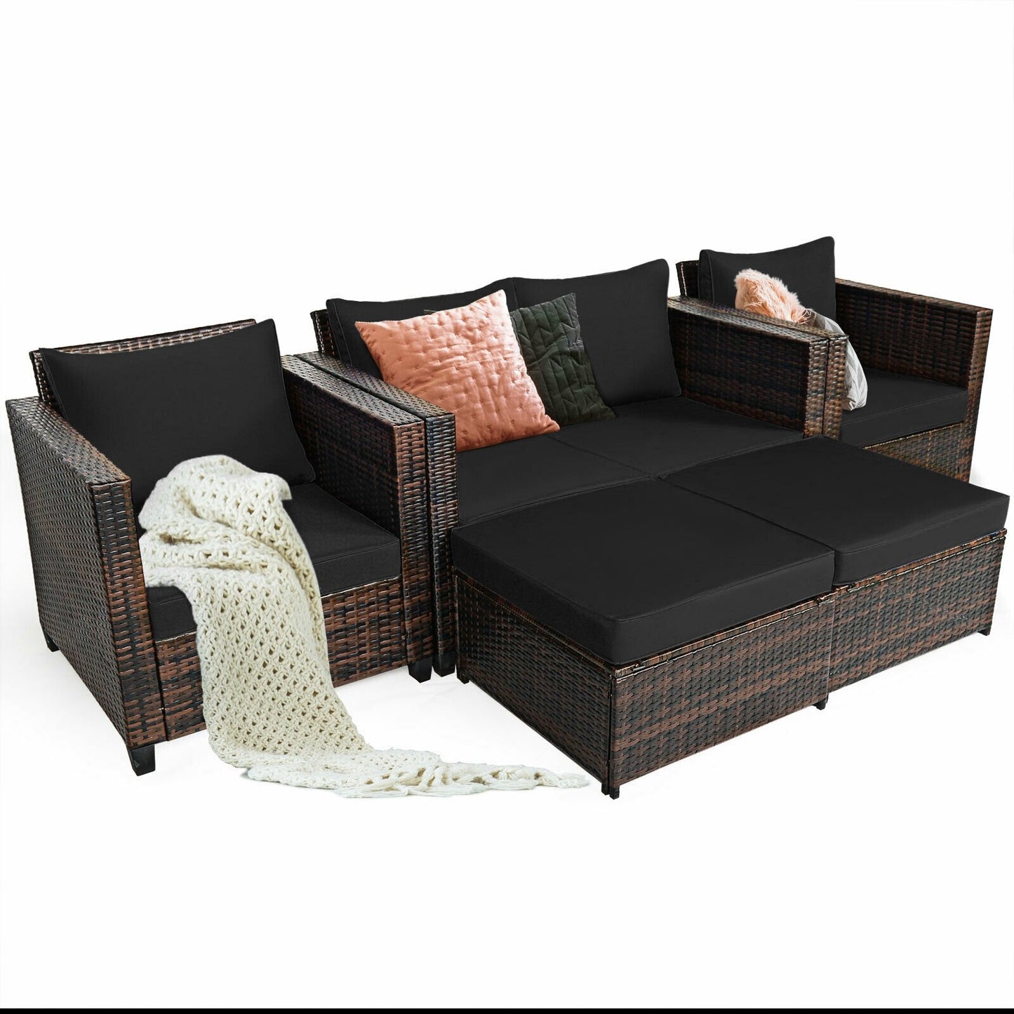5 Pieces Patio Cushioned Rattan Furniture Set, Black - Gallery Canada