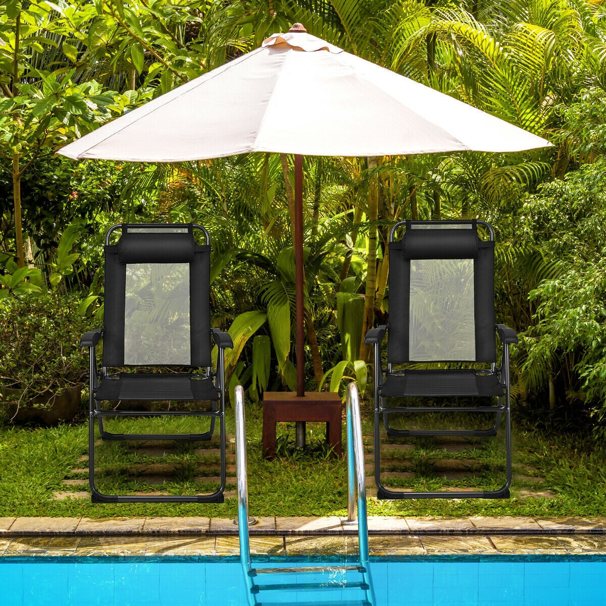 4 Pieces Patio Garden Adjustable Reclining Folding Chairs with Headrest, Black Patio Dining Chairs at Gallery Canada