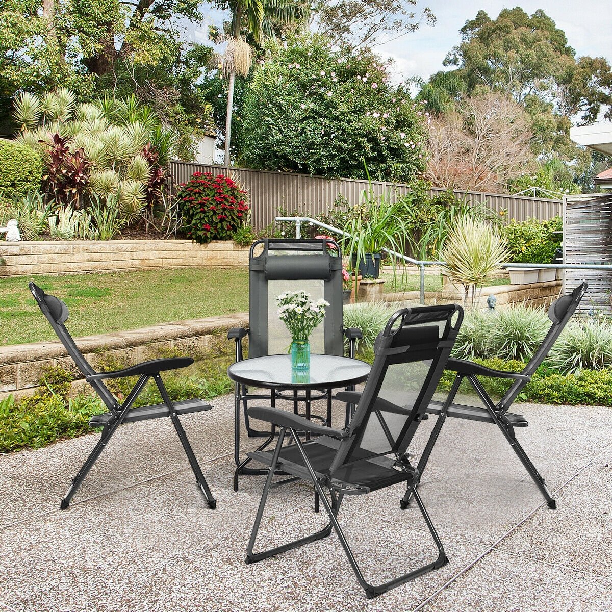 4 Pieces Patio Garden Adjustable Reclining Folding Chairs with Headrest, Gray - Gallery Canada