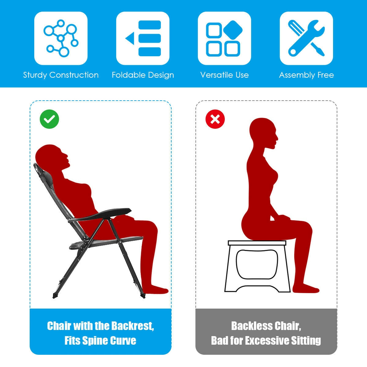 4 Pieces Patio Garden Adjustable Reclining Folding Chairs with Headrest, Gray Patio Dining Chairs at Gallery Canada