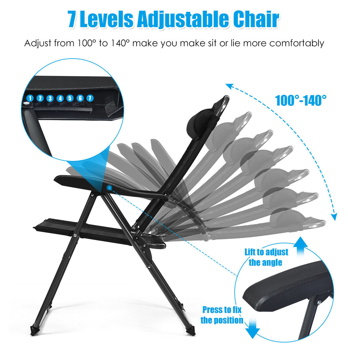 2 Pieces Patio Adjustable Folding Recliner Chairs with 7 Level Adjustable Backrest, Black Beach & Lawn Chairs at Gallery Canada