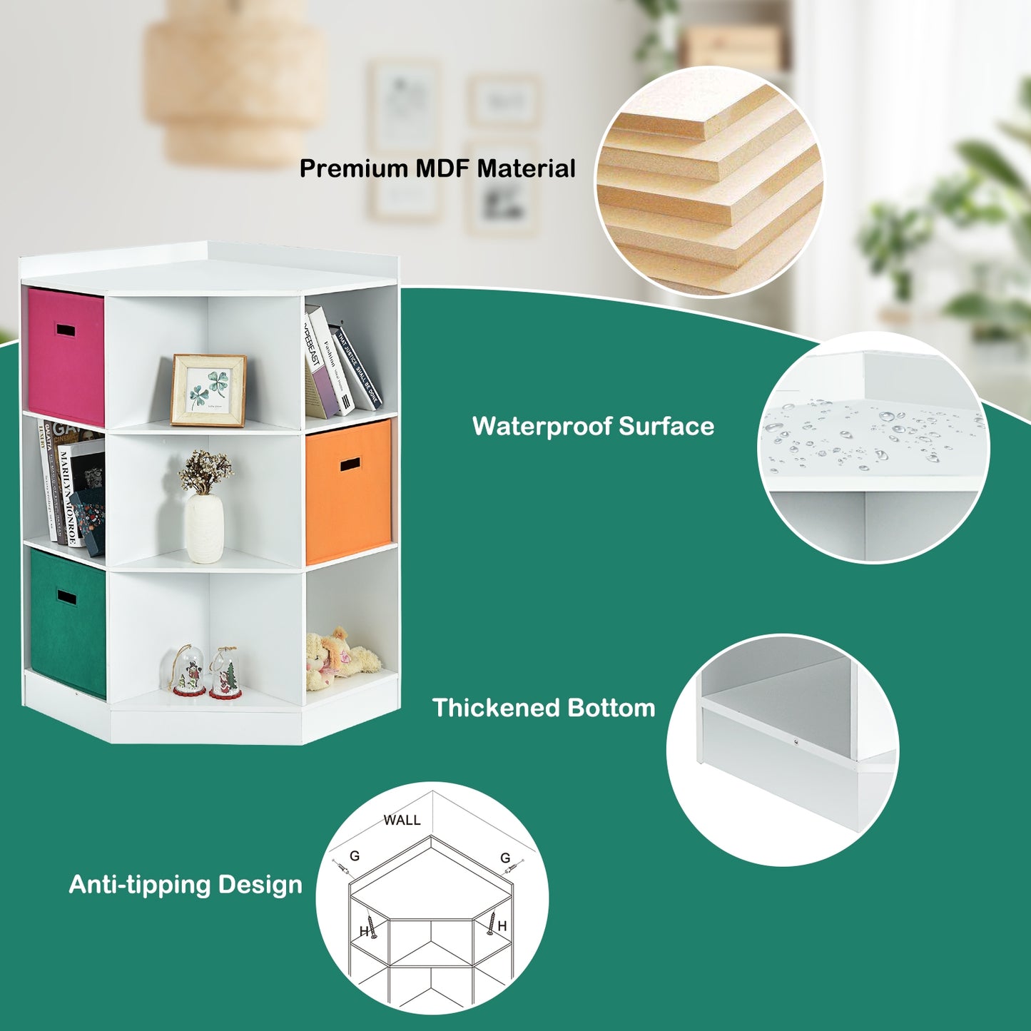 3-Tier 9-Cubby Kids Storage Shelf Corner Cabinet with 3 Baskets, White Kids Storage at Gallery Canada