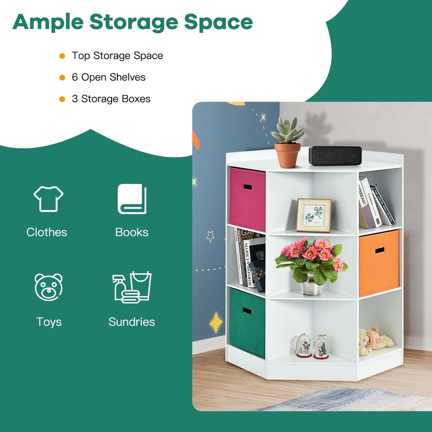 3-Tier 9-Cubby Kids Storage Shelf Corner Cabinet with 3 Baskets, White Kids Storage at Gallery Canada