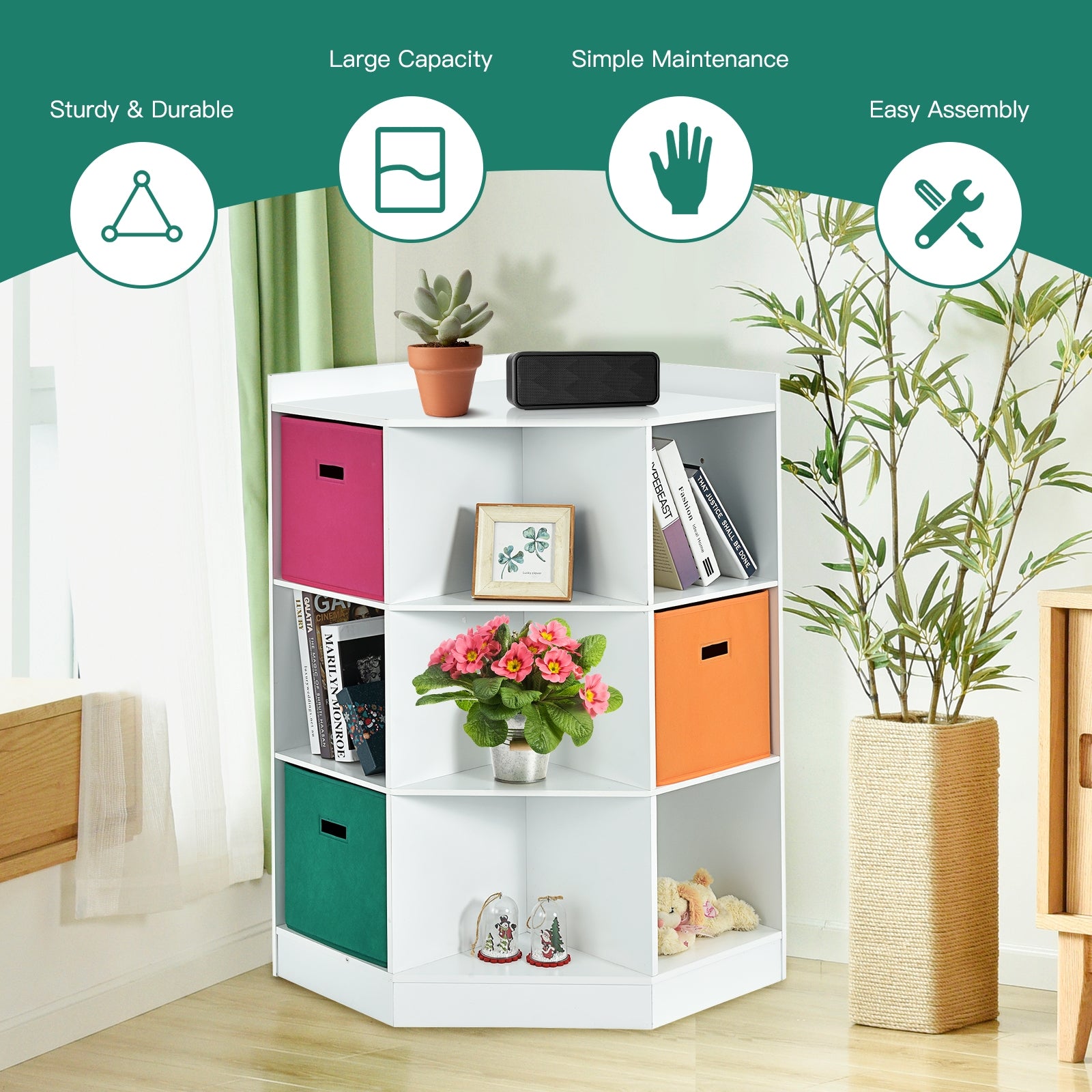 3-Tier 9-Cubby Kids Storage Shelf Corner Cabinet with 3 Baskets, White Kids Storage at Gallery Canada