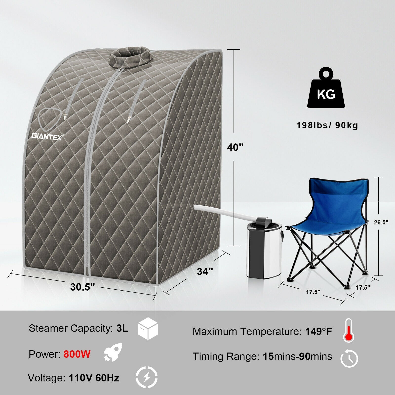 Portable Personal Steam Sauna Spa with 3L Blast-proof Steamer Chair, Gray Spa & Salon at Gallery Canada