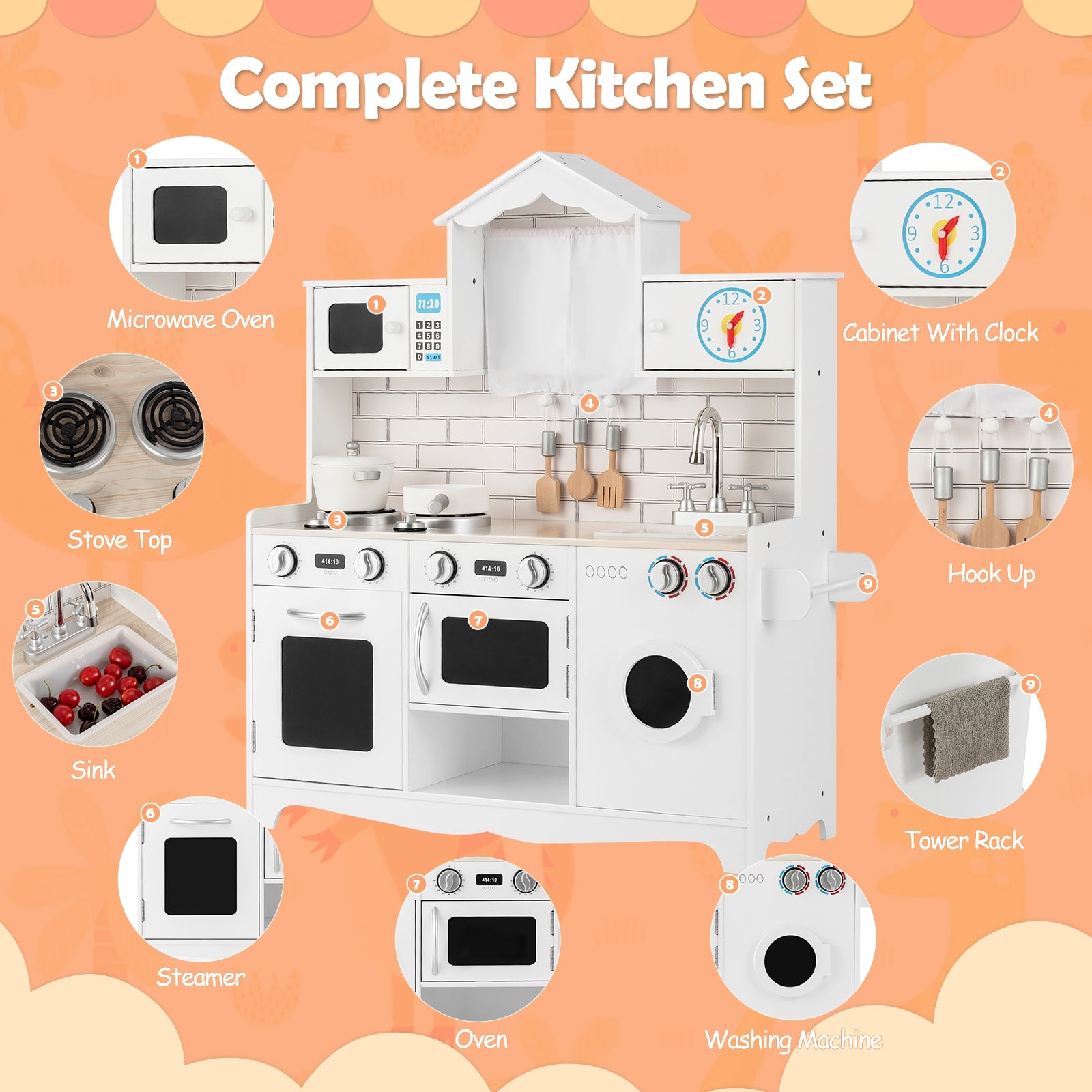 Wooden Kids Kitchen with Washing Machine, White Play Kitchen Sets at Gallery Canada