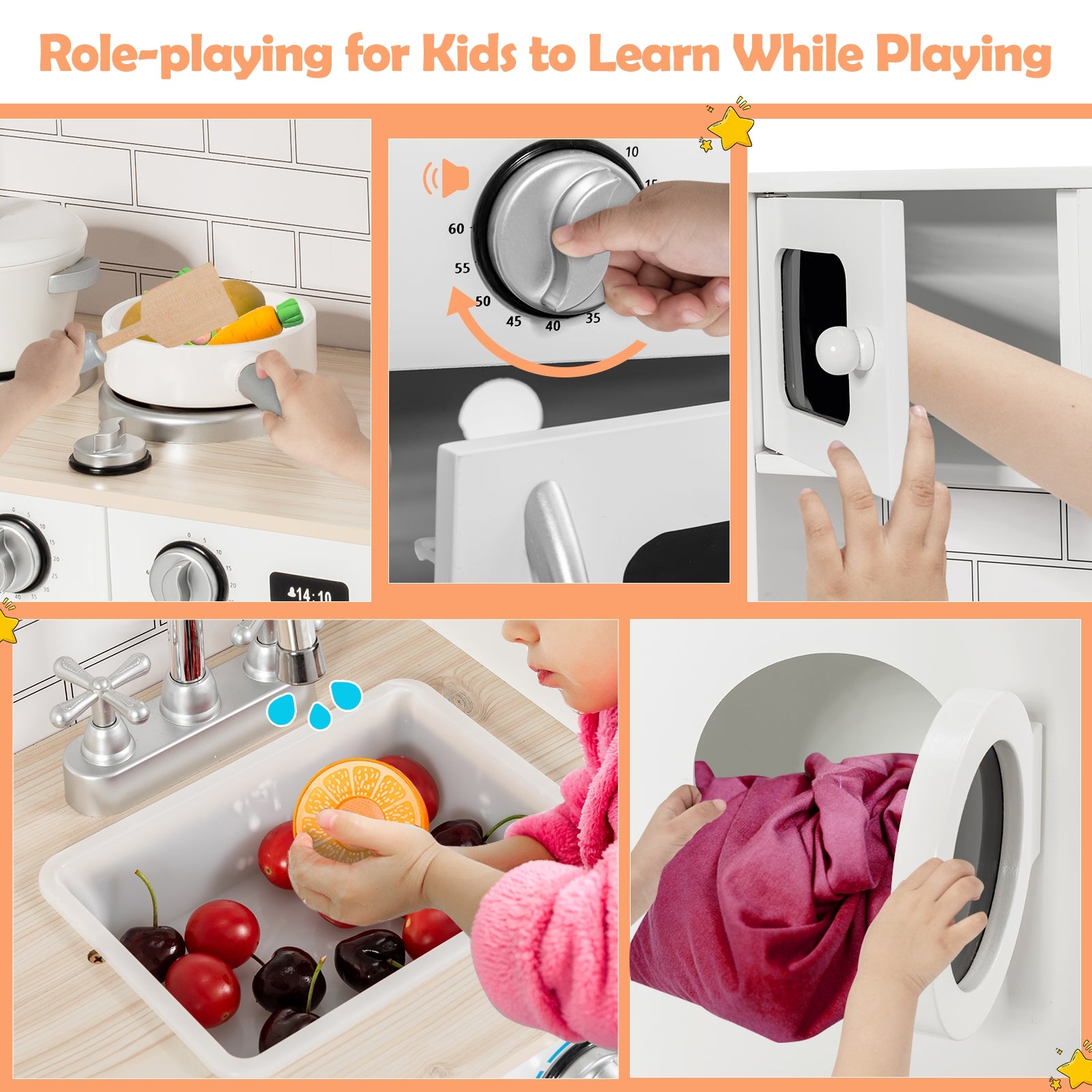 Wooden Kids Kitchen with Washing Machine, White Play Kitchen Sets at Gallery Canada
