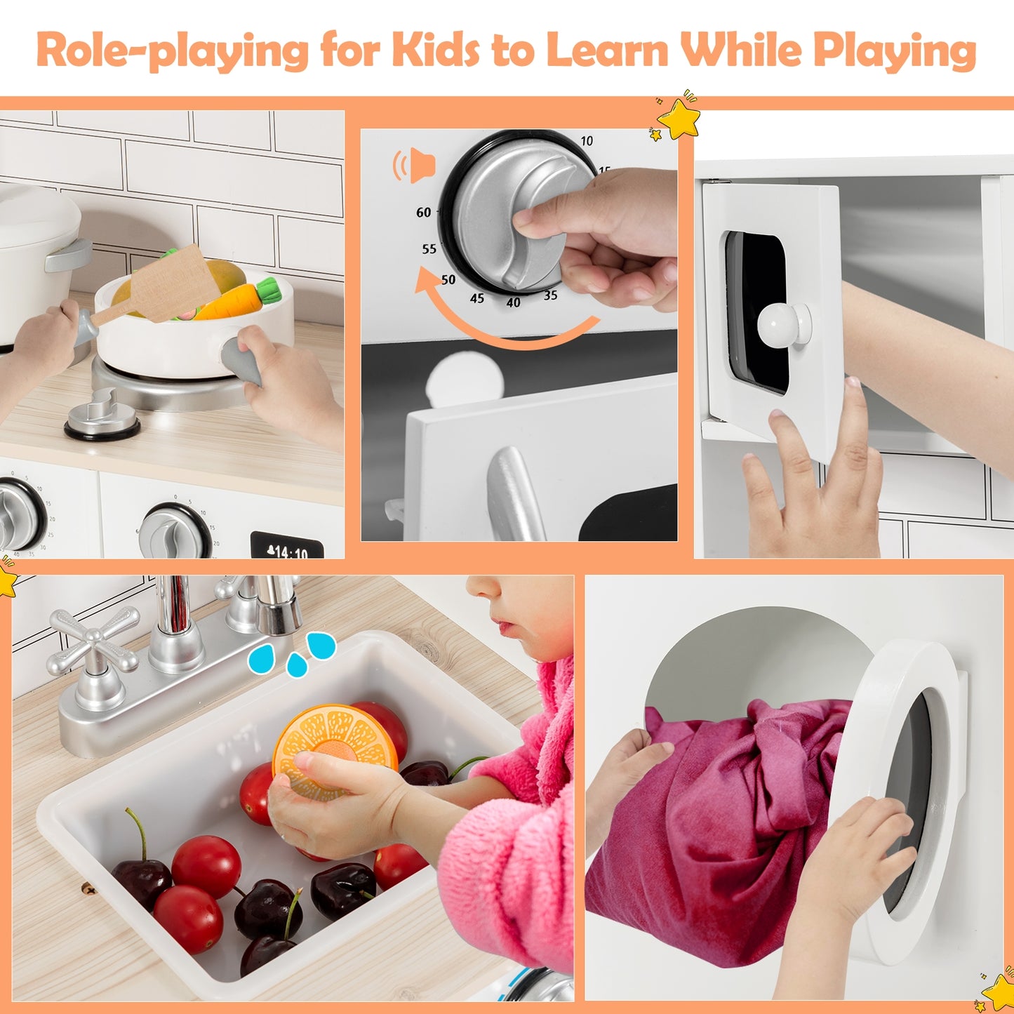 Wooden Kids Kitchen with Washing Machine, White Play Kitchen Sets at Gallery Canada