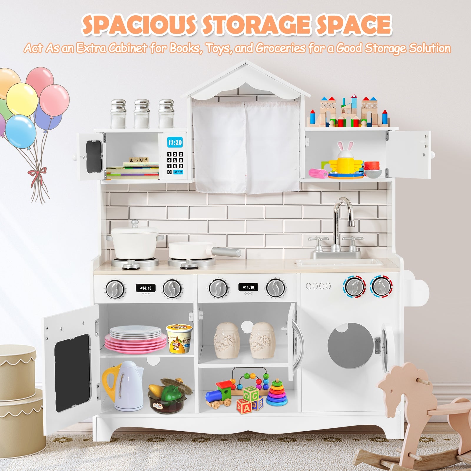Wooden Kids Kitchen with Washing Machine, White Play Kitchen Sets at Gallery Canada