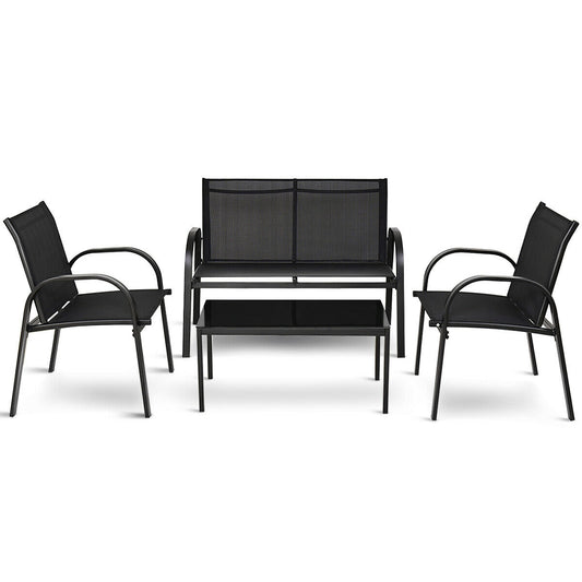 4 Piece Patio Furniture Set, Glass Top Coffee Table, Black Patio Conversation Sets Black at Gallery Canada