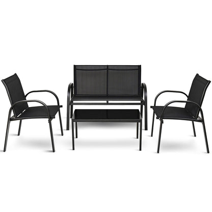 4 Piece Patio Furniture Set, Glass Top Coffee Table, Black Patio Conversation Sets Black at Gallery Canada