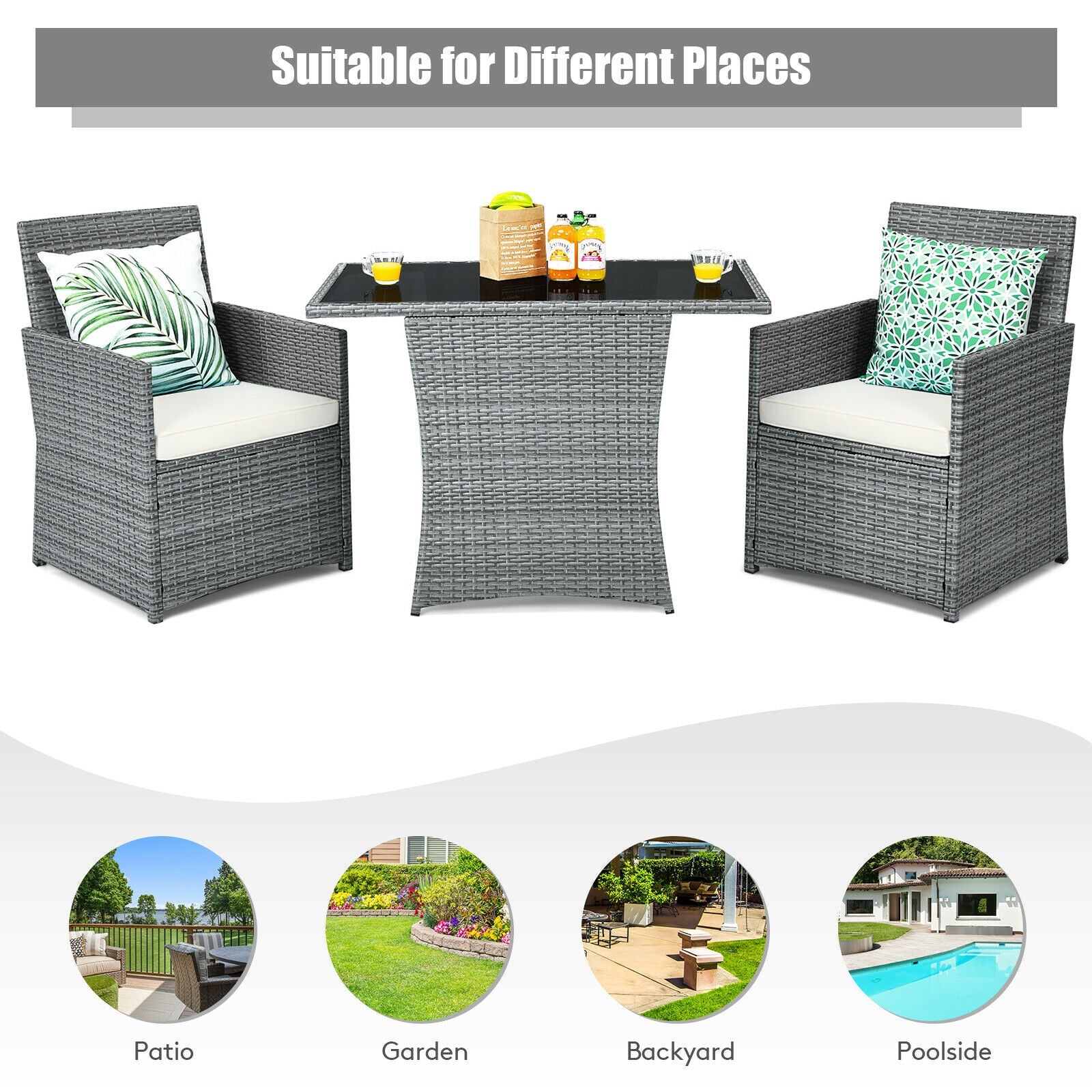 3 Pieces Patio Rattan Furniture Set with Cushioned Armrest Sofa, White Patio Conversation Sets at Gallery Canada