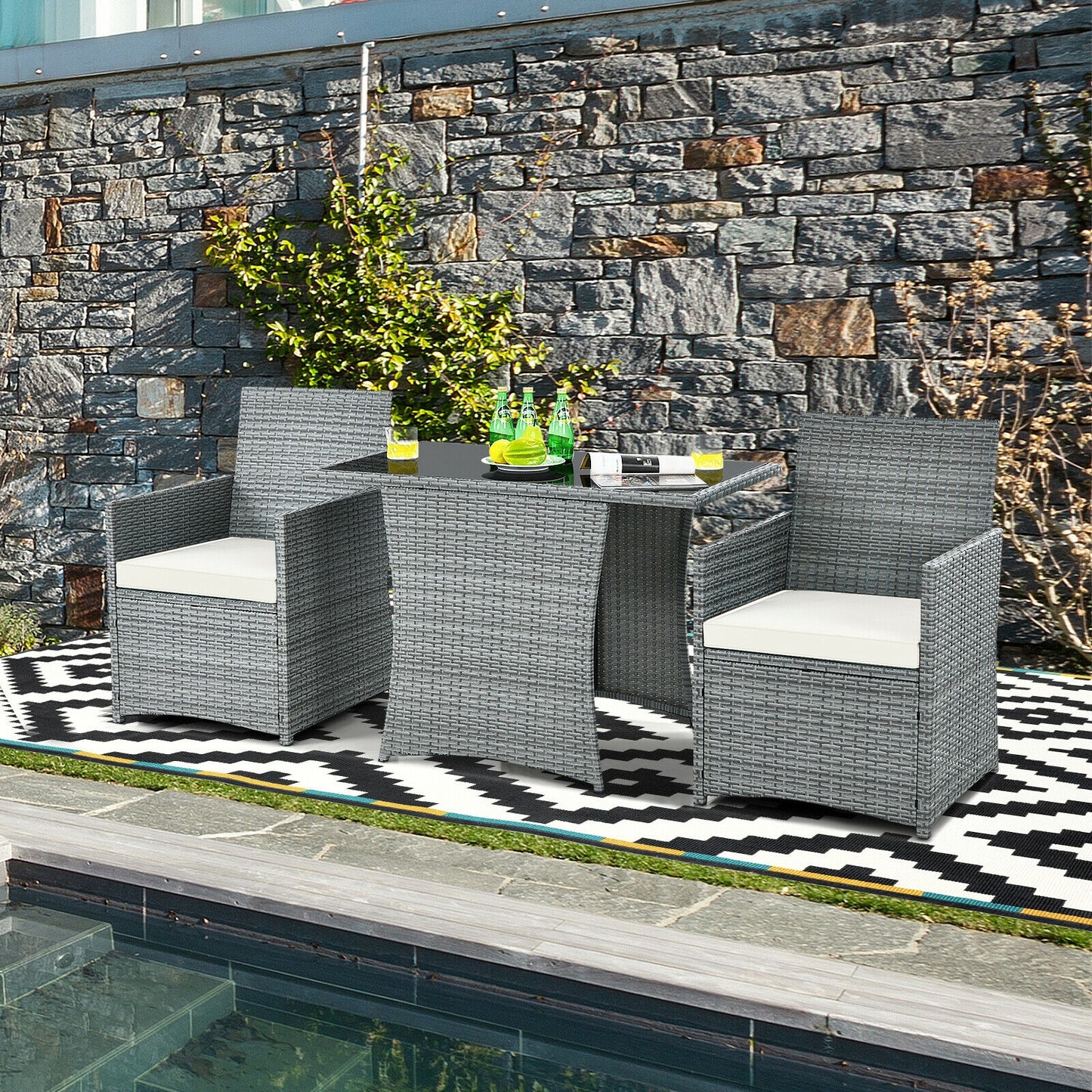 3 Pieces Patio Rattan Furniture Set with Cushioned Armrest Sofa, White Patio Conversation Sets at Gallery Canada