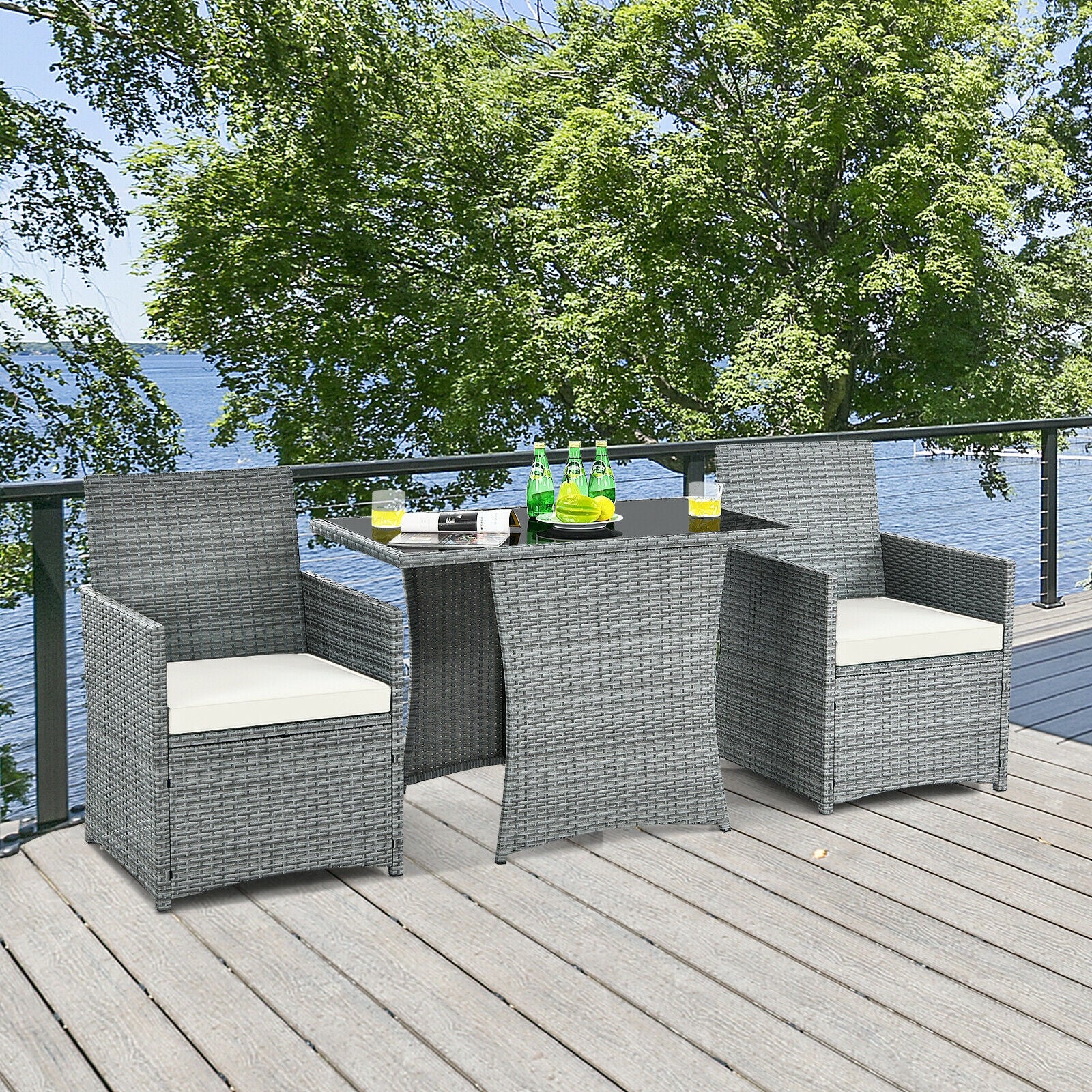 3 Pieces Patio Rattan Furniture Set with Cushioned Armrest Sofa, White Patio Conversation Sets at Gallery Canada