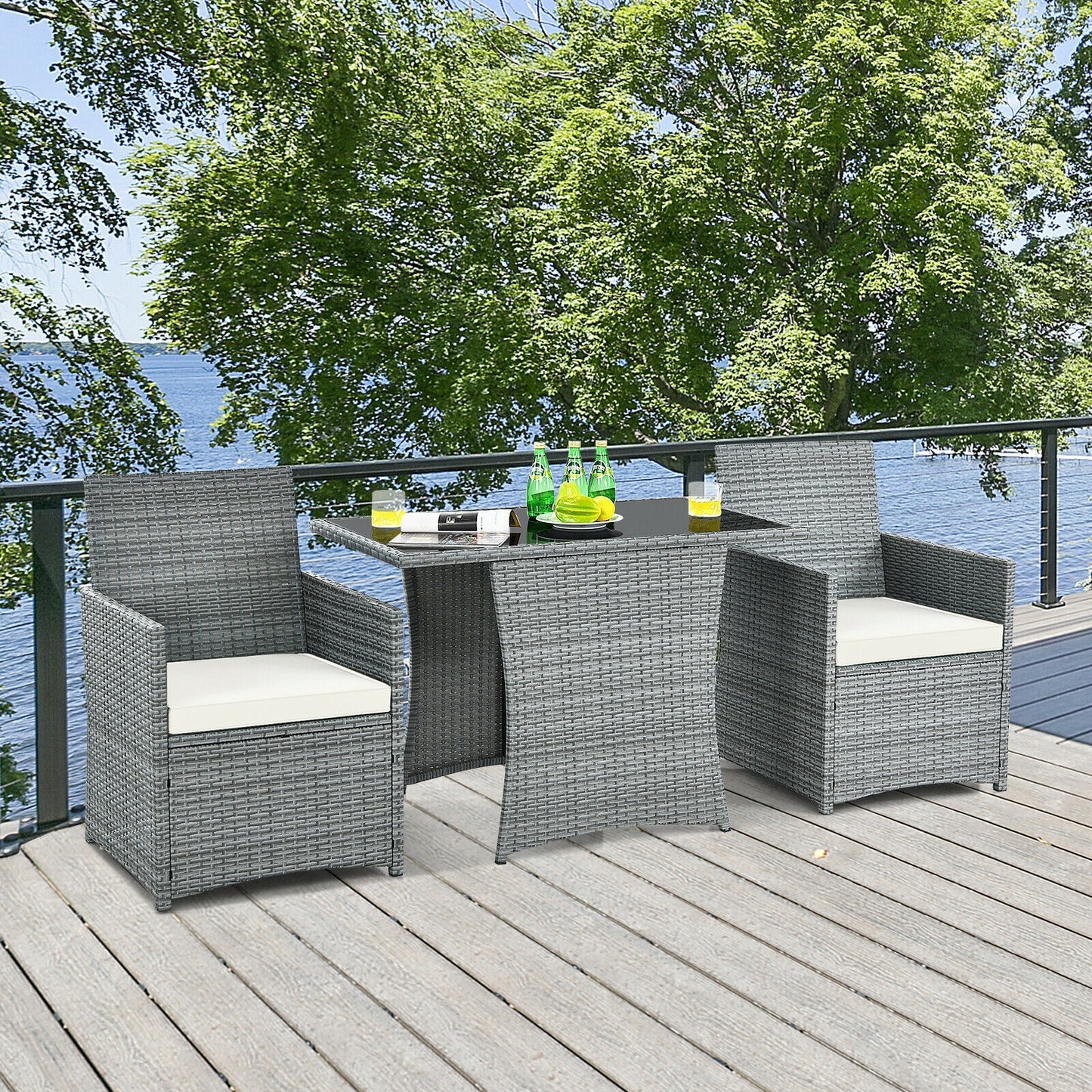 3 Pieces Patio Rattan Furniture Set with Cushioned Armrest Sofa, White Patio Conversation Sets at Gallery Canada