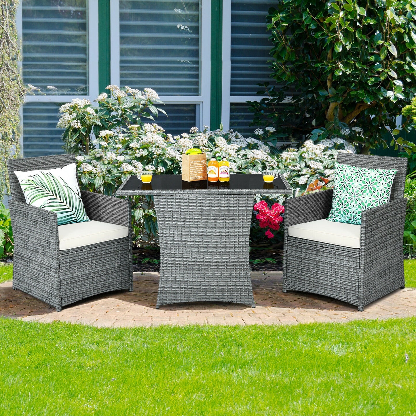 3 Pieces Patio Rattan Furniture Set with Cushioned Armrest Sofa, White Patio Conversation Sets at Gallery Canada