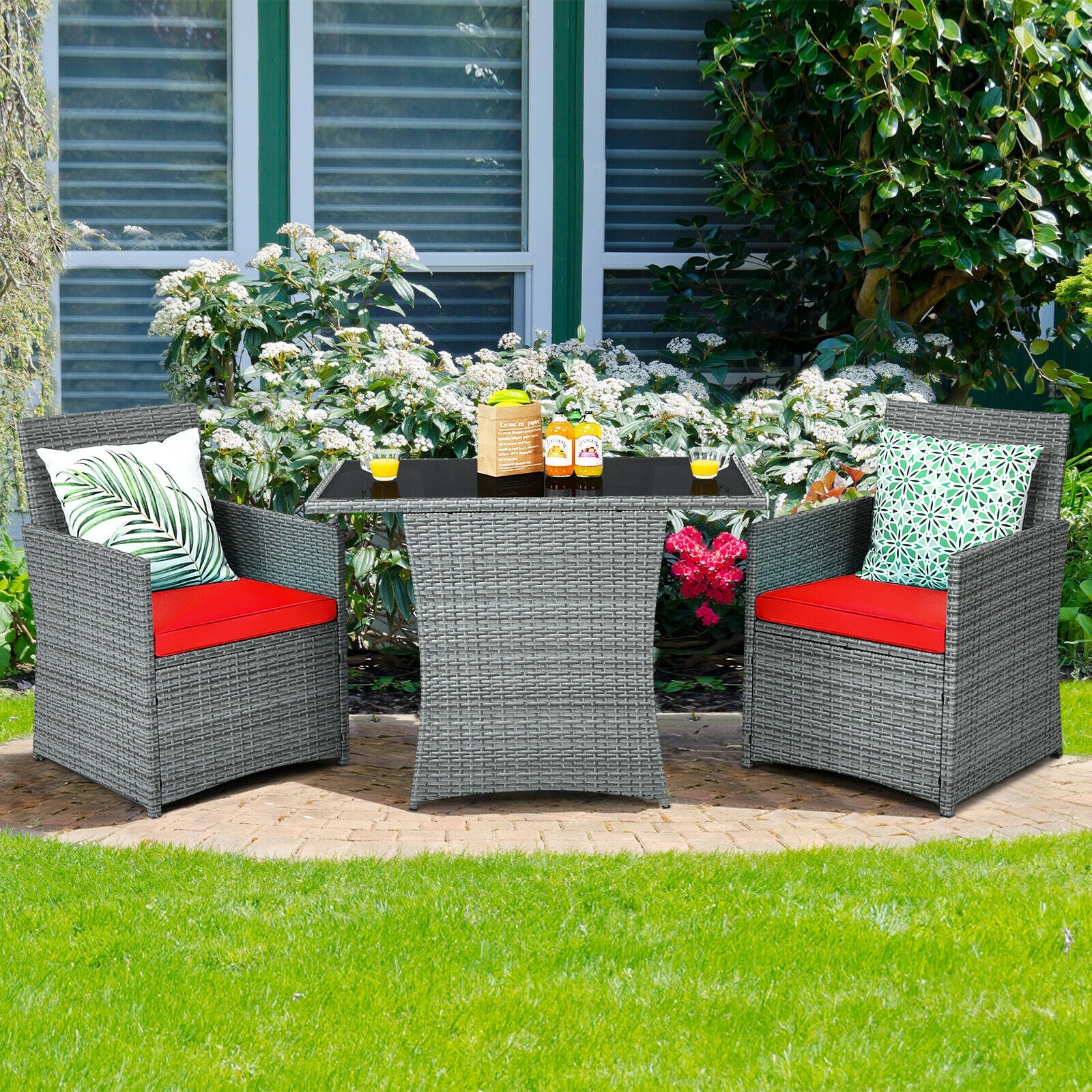 3 Pieces Patio Rattan Furniture Set with Cushioned Armrest Sofa, Red Patio Conversation Sets at Gallery Canada