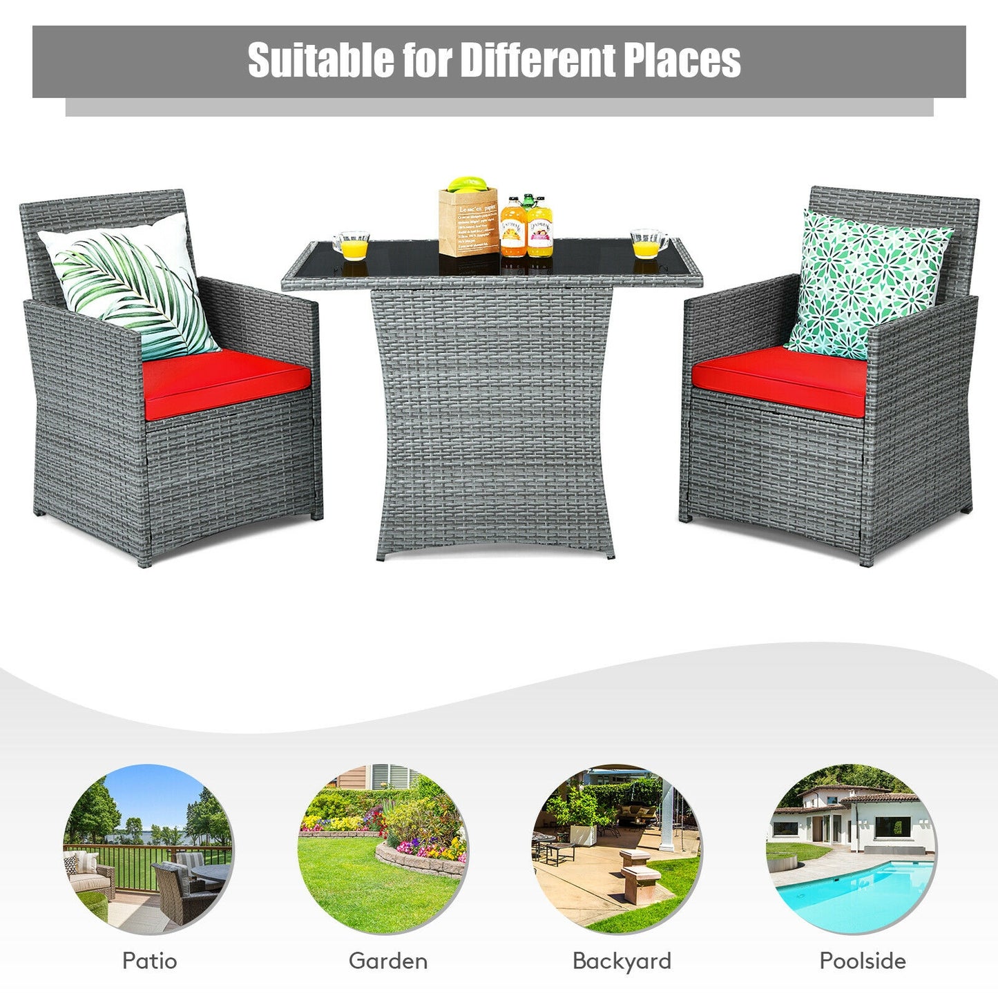 3 Pieces Patio Rattan Furniture Set with Cushioned Armrest Sofa, Red Patio Conversation Sets at Gallery Canada