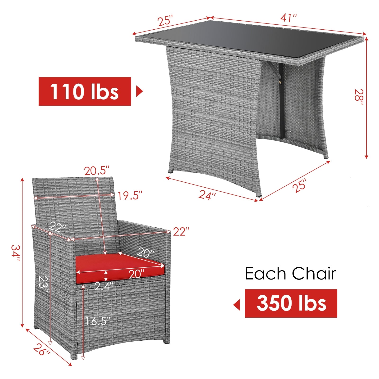3 Pieces Patio Rattan Furniture Set with Cushioned Armrest Sofa, Red Patio Conversation Sets at Gallery Canada