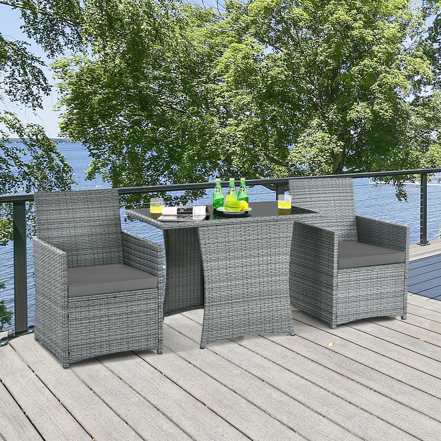 3 Pieces Patio Rattan Furniture Set with Cushioned Armrest Sofa, Gray Patio Conversation Sets at Gallery Canada