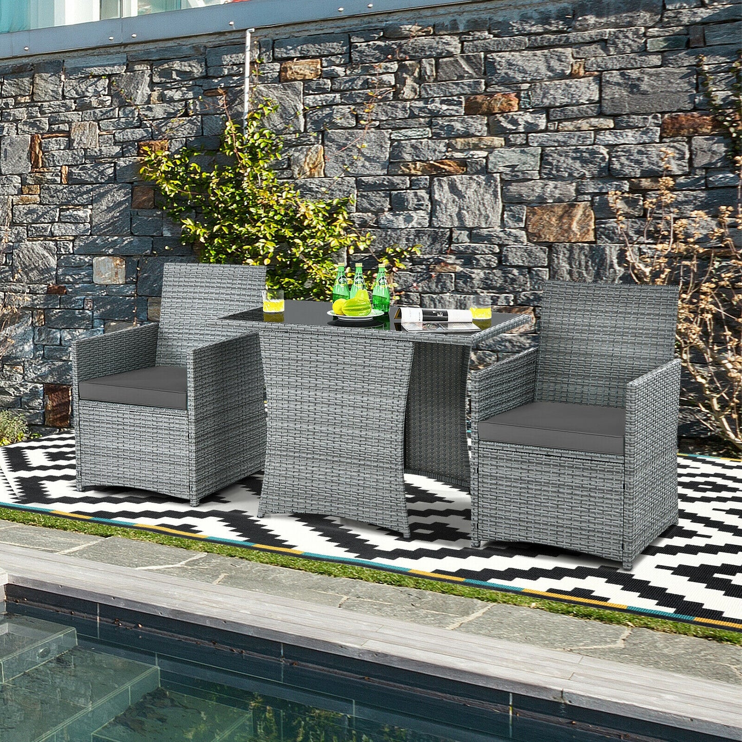 3 Pieces Patio Rattan Furniture Set with Cushioned Armrest Sofa, Gray Patio Conversation Sets at Gallery Canada