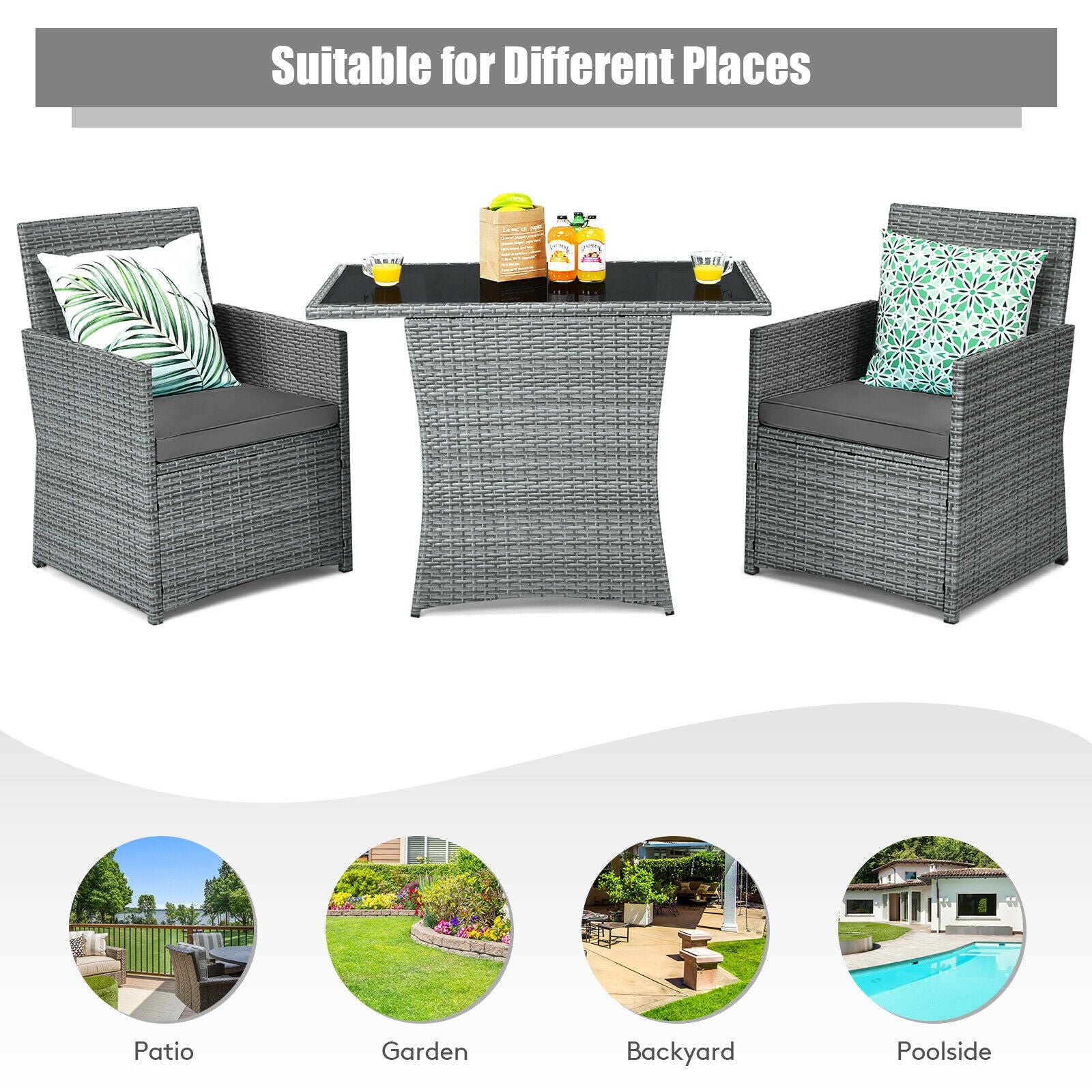 3 Pieces Patio Rattan Furniture Set with Cushioned Armrest Sofa, Gray Patio Conversation Sets at Gallery Canada