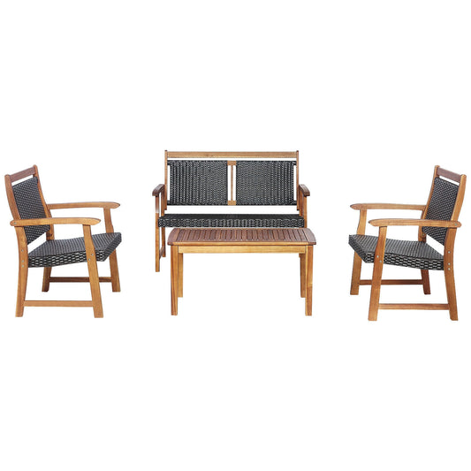 4 Piece Outdoor Patio Rattan Sofa Set, Acacia Wood Frame, Brown Patio Conversation Sets Brown at Gallery Canada