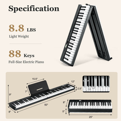 88-Key Folding Semi Weighted Full Size Lighted Piano Keyboard, Black - Gallery Canada