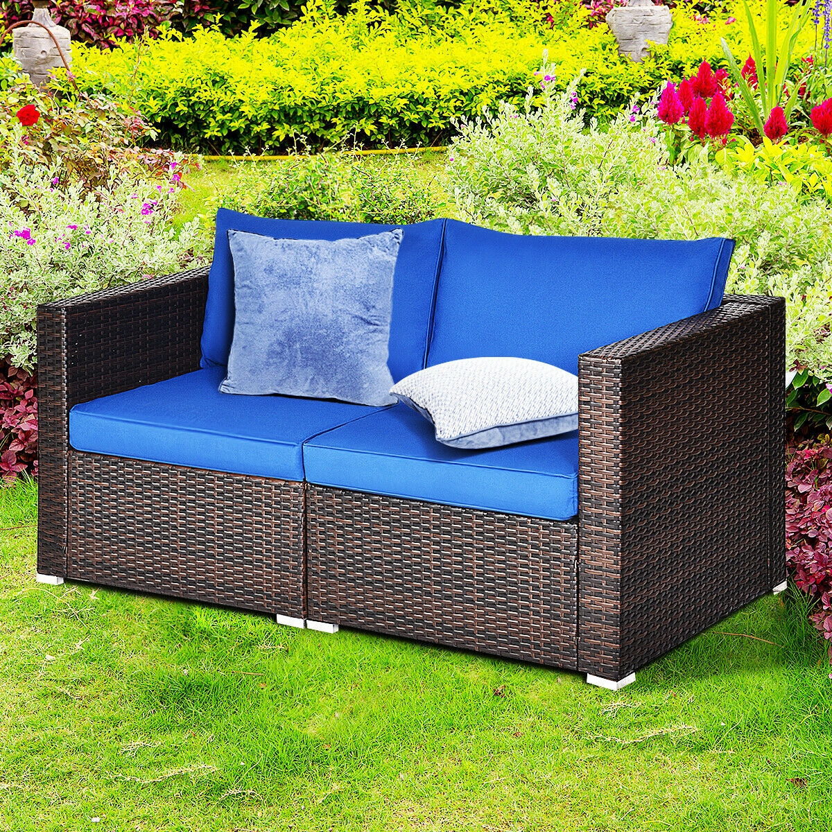 2 Pieces Patio Rattan Sectional Conversation Sofa Set, Navy Outdoor Sectionals at Gallery Canada