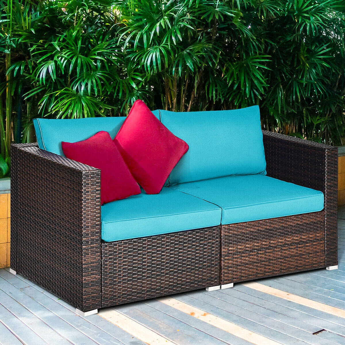 2PCS Patio Rattan Sectional Conversation Sofa Set, Blue Outdoor Sectionals at Gallery Canada