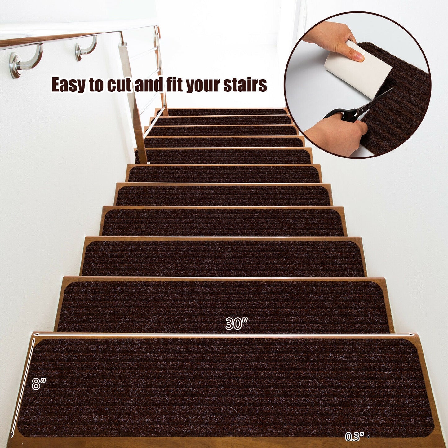15 Pieces 30 x 8 Inch Slip Resistant Soft Stair Treads Carpet, Brown Rugs at Gallery Canada
