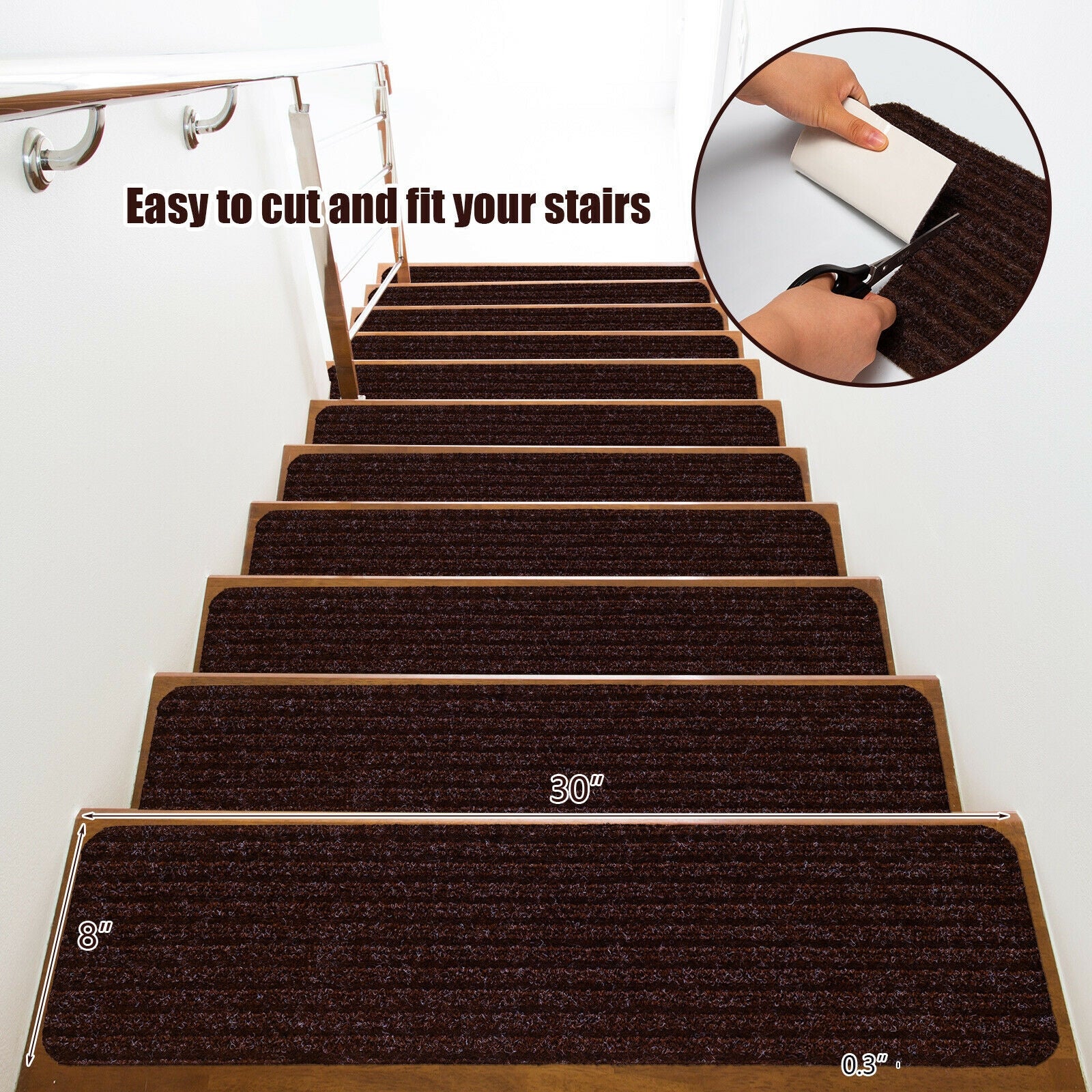 15 Pieces 30 x 8 Inch Slip Resistant Soft Stair Treads Carpet, Brown Rugs at Gallery Canada
