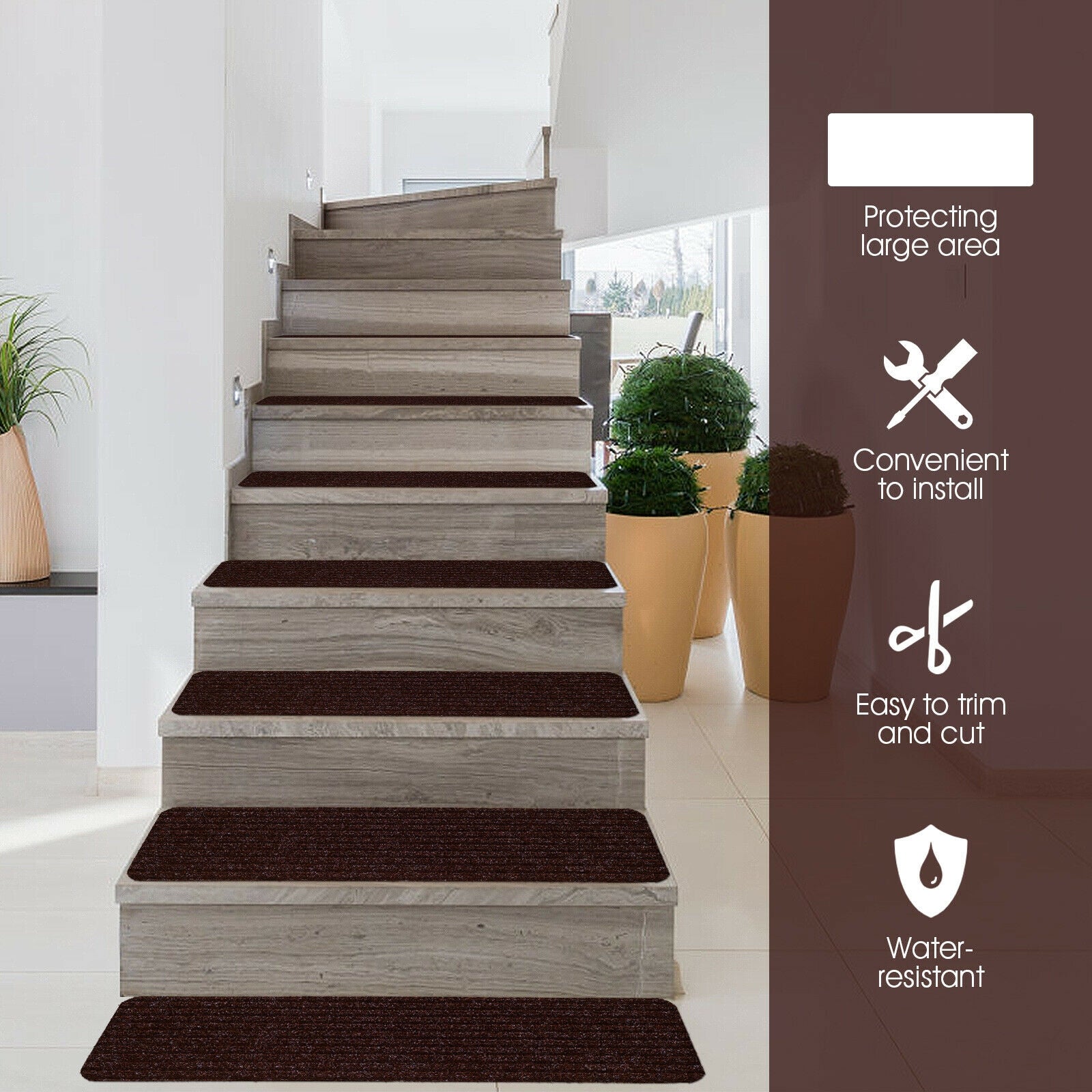 15 Pieces 30 x 8 Inch Slip Resistant Soft Stair Treads Carpet, Brown Rugs at Gallery Canada