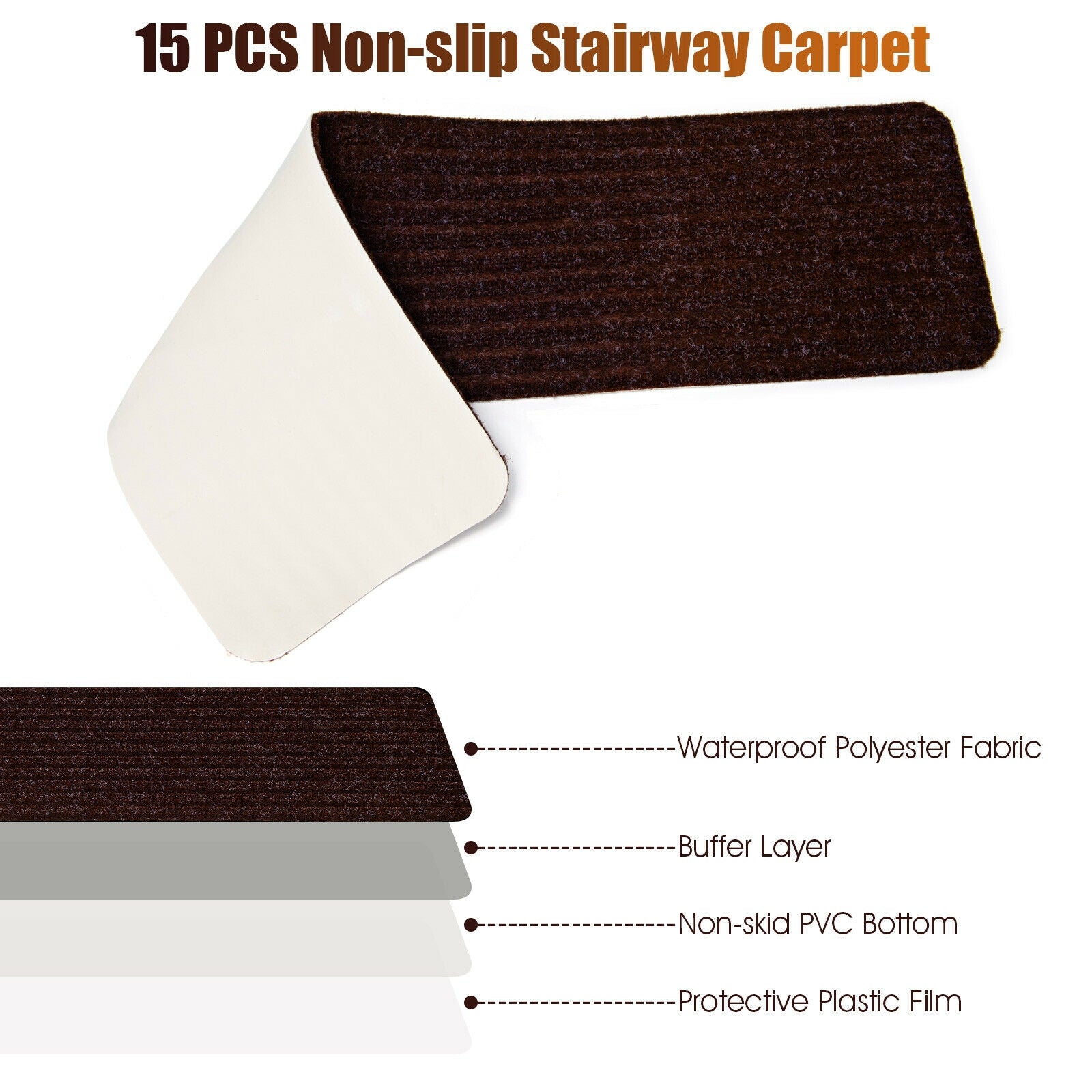 15 Pieces 30 x 8 Inch Slip Resistant Soft Stair Treads Carpet, Brown Rugs at Gallery Canada