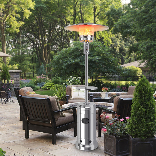 Outdoor Heater Propane Standing LP Gas Steel with Table and Wheels, Silver - Gallery Canada