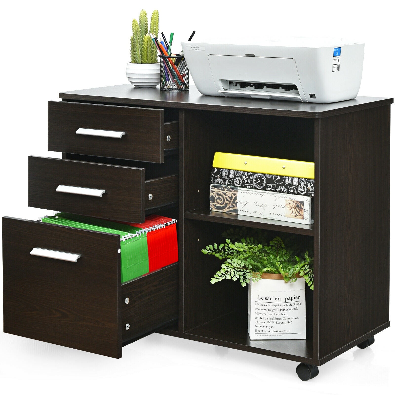 3-Drawer Mobile Lateral File Cabinet Printer Stand, Dark Brown File Cabinets at Gallery Canada