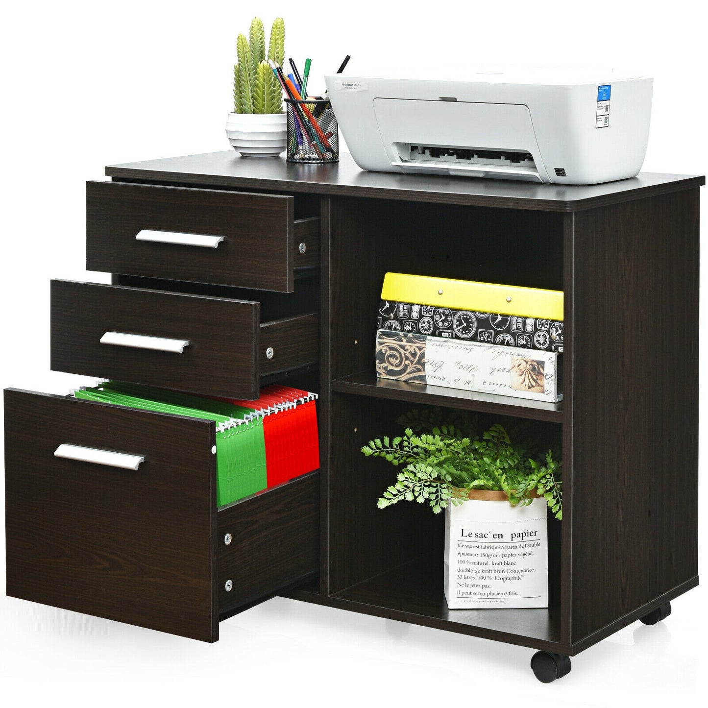3-Drawer Mobile Lateral File Cabinet Printer Stand, Dark Brown File Cabinets at Gallery Canada